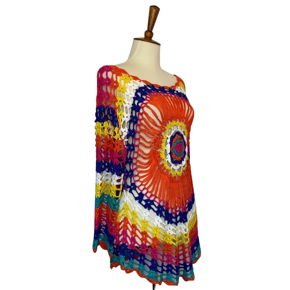 Boho Rainbow Colored Crochet Knit Hollow-Out Beach Coverup - Picture 12 of 16